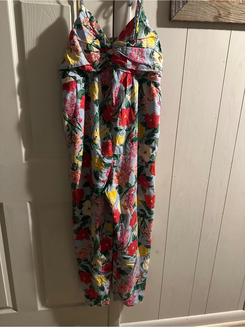 Old Navy Light Blue Floral Maxi Jumpsuit with Red & Yellow Blooms